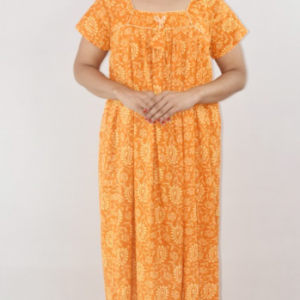 Yellow Red Cotton Maxi Nighty Square Neck Short Sleeves with Pipien