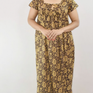 Maroon Cotton Maxi Nighty Square Neck Short Sleeves with Pipien