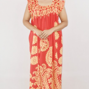 Bdrox Cotton Red Maxi Nighty Square Neck Short Sleeves with pleats