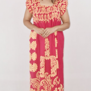 Pink Cotton Red Maxi Nighty Square Neck Short Sleeves with pleats