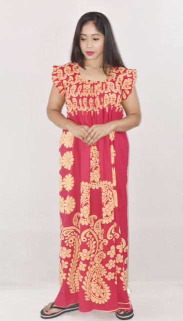 Pink Cotton Red Maxi Nighty Square Neck Short Sleeves with pleats