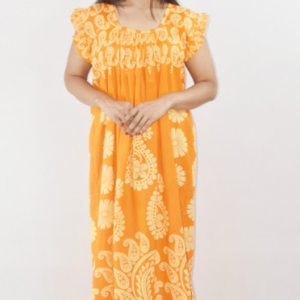 Yellow Cotton Red Maxi Nighty Square Neck Short Sleeves with pleats