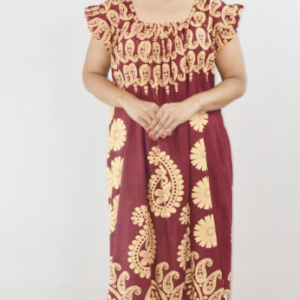 Maroon Cotton Red Maxi Nighty Square Neck Short Sleeves with pleats