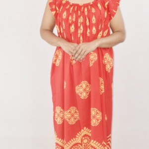Bdrox Cotton Red Maxi Nighty Square Neck Short Sleeves with pleats
