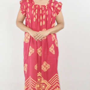 Pink Cotton Red Maxi Nighty Square Neck Short Sleeves with pleats