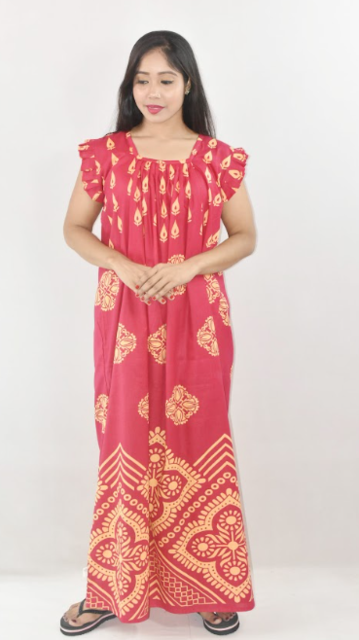 Pink Cotton Red Maxi Nighty Square Neck Short Sleeves with pleats