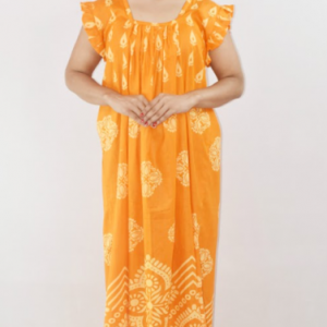 Yellow Cotton Red Maxi Nighty Square Neck Short Sleeves with pleats