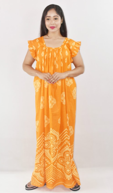 Yellow Cotton Red Maxi Nighty Square Neck Short Sleeves with pleats