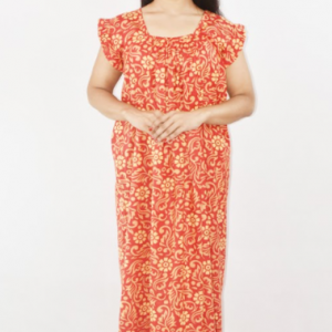 Bdrox Cotton Red Maxi Nighty Square Neck Short Sleeves with pleats