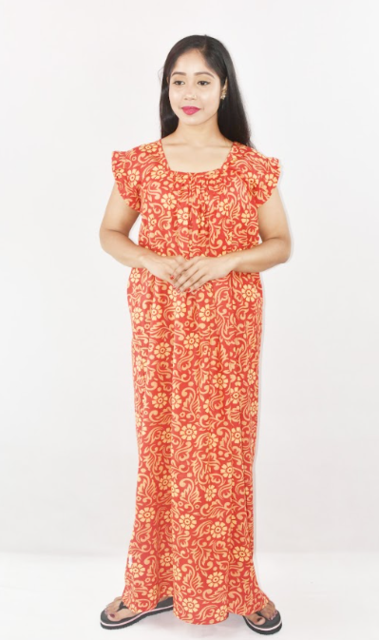 Bdrox Cotton Red Maxi Nighty Square Neck Short Sleeves with pleats