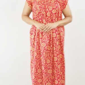 Pink Cotton Red Maxi Nighty Square Neck Short Sleeves with pleats