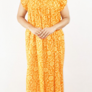 Yellow Cotton Red Maxi Nighty Square Neck Short Sleeves with pleats