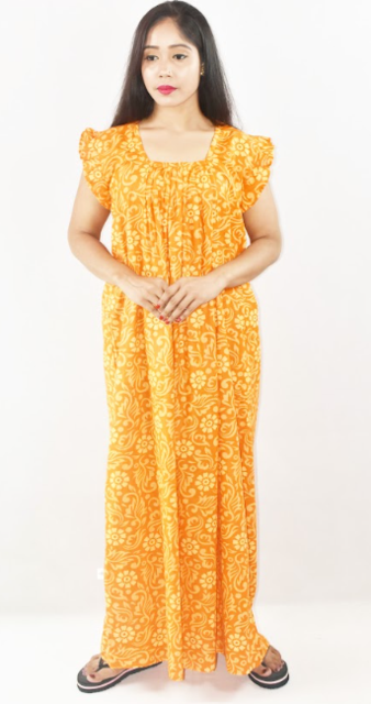 Yellow Cotton Red Maxi Nighty Square Neck Short Sleeves with pleats