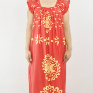 Bdrox Cotton Red Maxi Nighty Square Neck Short Sleeves with pleats