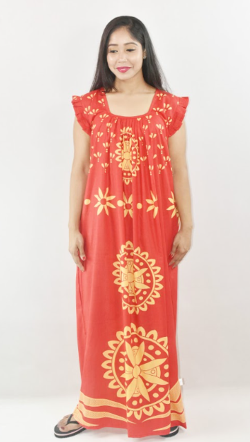 Bdrox Cotton Red Maxi Nighty Square Neck Short Sleeves with pleats