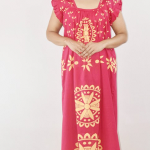 Pink Cotton Red Maxi Nighty Square Neck Short Sleeves with pleats