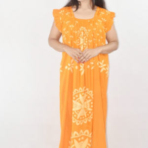 Yellow Cotton Red Maxi Nighty Square Neck Short Sleeves with pleats