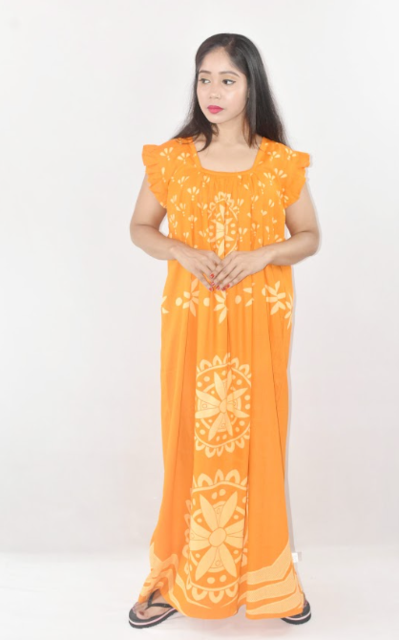 Yellow Cotton Red Maxi Nighty Square Neck Short Sleeves with pleats