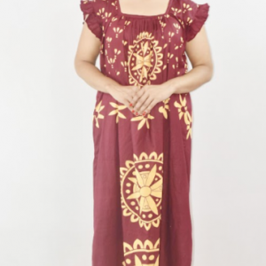 Maroon Cotton Red Maxi Nighty Square Neck Short Sleeves with pleats