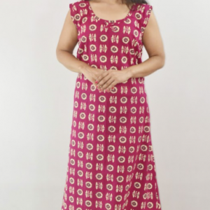 Pink Cotton Maxi Nighty Round Neck & Sleeveless