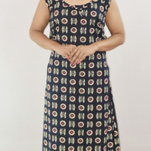 Blue Cotton Maxi Nighty Round Neck & Sleeveless