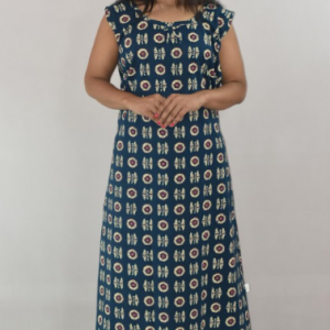 Blue Cotton Maxi Nighty Round Neck & Sleeveless
