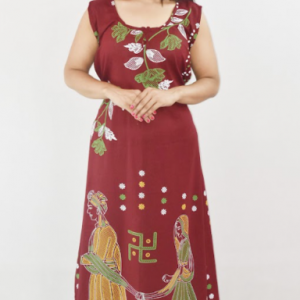 Maroon Cotton Maxi Nighty Round Neck & Sleeveless