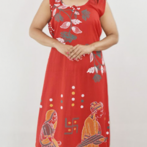 Red Cotton Maxi Nighty Round Neck & Sleeveless