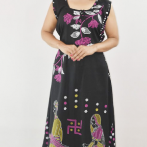 Black Cotton Maxi Nighty Round Neck & Sleeveless