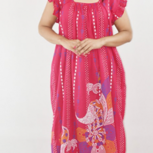 BDROX Pink Cotton Maxi Nighty Square Neck Short Sleeves with pleats