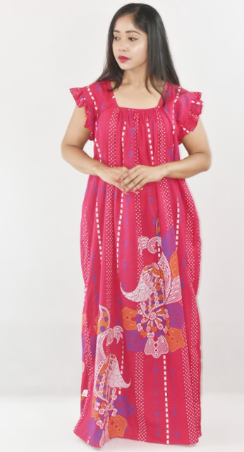 BDROX Pink Cotton Maxi Nighty Square Neck Short Sleeves with pleats