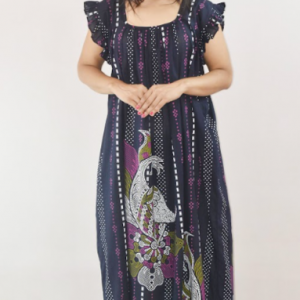 Blue Cotton Maxi Nighty Square Neck Short Sleeves with pleats