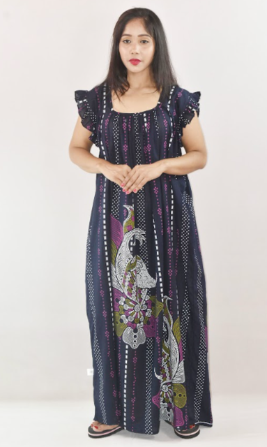 Blue Cotton Maxi Nighty Square Neck Short Sleeves with pleats