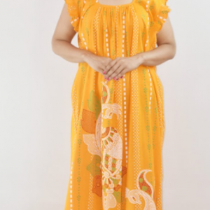 YELLOW Cotton Maxi Nighty Square Neck Short Sleeves with pleats