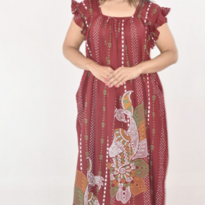 Maroon Cotton Maxi Nighty Square Neck Short Sleeves with pleats