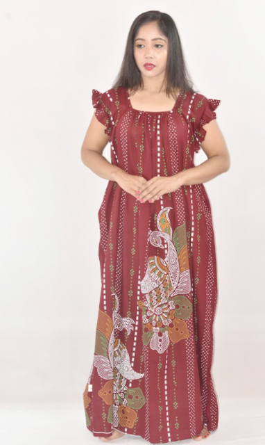 Maroon Cotton Maxi Nighty Square Neck Short Sleeves with pleats