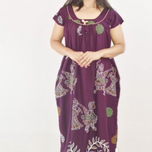 BDROX Purple Cotton Maxi Nighty Round Neck Short Sleeves with pleats