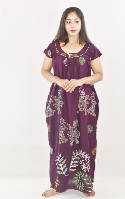 BDROX Purple Cotton Maxi Nighty Round Neck Short Sleeves with pleats
