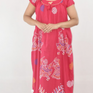Pink Cotton Maxi Nighty Square Neck Short Sleeves with pleats