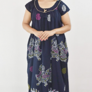 Blue Cotton Maxi Nighty Square Neck Short Sleeves with pleats