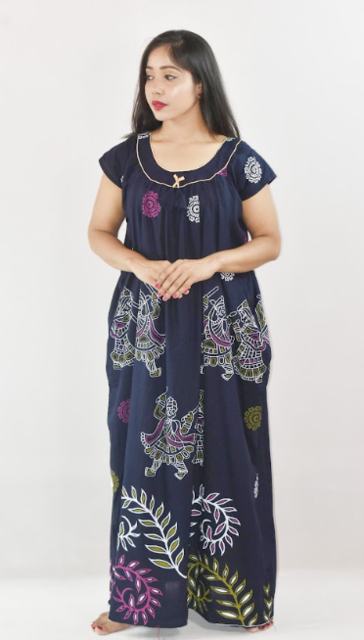 Blue Cotton Maxi Nighty Square Neck Short Sleeves with pleats