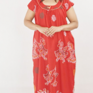 Red Cotton Maxi Nighty Square Neck Short Sleeves with pleats