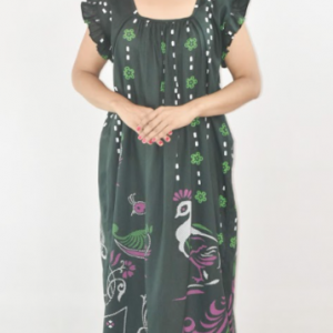 BDROX Green Cotton Maxi Nighty Square Neck Short Sleeves with pleats