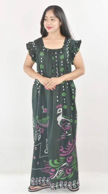 BDROX Green Cotton Maxi Nighty Square Neck Short Sleeves with pleats