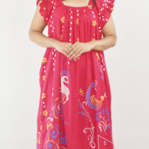 Pink Cotton Maxi Nighty Square Neck Short Sleeves with pleats