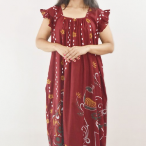 Maroon Cotton Maxi Nighty Square Neck Short Sleeves with pleats