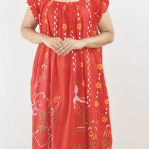 Red Cotton Maxi Nighty Square Neck Short Sleeves with pleats