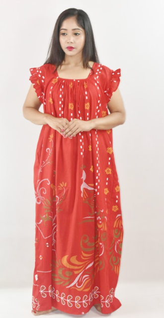 Red Cotton Maxi Nighty Square Neck Short Sleeves with pleats