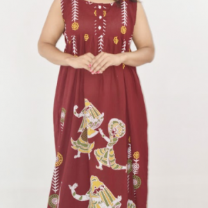 BDROX Maroon Cotton Maxi Nighty Round Neck Short Sleeve With Button