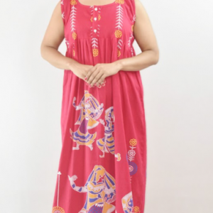 Pink Cotton Maxi Nighty Round Neck Short Sleeve With Button